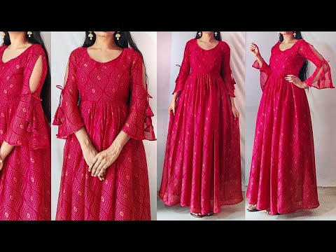 Beautiful princess cut long dress cutting & stitching | stylish bell sleeves design | dori sleeves