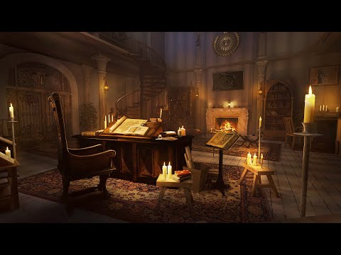 Rain with Thunderstorm and Crackling Fireplace Sounds | Arcane Study Ambience