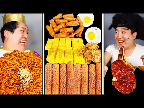 ASMR MUKBANG | Fire Noodles, spam, kimchi, Giant Kielbasa sausage funny eating😂😂