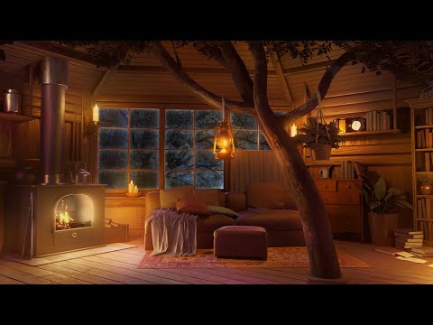 Tree House Ambience - Relaxing Gentle Rain Sounds & Fireplace Sounds to Sleep, Relax and Study