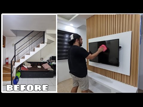 Modern Living Room Transformation! How to build TV console with LED Backwall and Wood slat