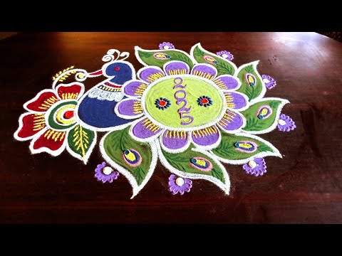 New year special easy and beautiful peacock 🦚 kolam by laks rangoli designs