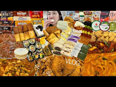 SUB)먹방 VLOG)돼지김치찜+엄마김밥 로제짬뽕떡볶이+인생통다리+꿀꽈배기싸이순살 물회+네네치킨 기정떡버터구이 아이스박스우유말먹 팀탐 탕후루 구름크림떡 모모생일❤️ MUKBANG