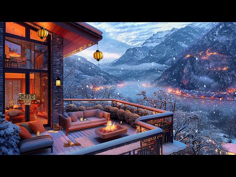 Gentle Winter Jazz Music to Relax,Work | Rooftop Cafe Shop Ambience ~ Poetic Scenery of Snow falling