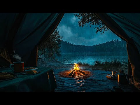 Deep Sleep Ambience with Rain On Tent and Bonfire Sounds - Camping By The Lake On Rainy Day