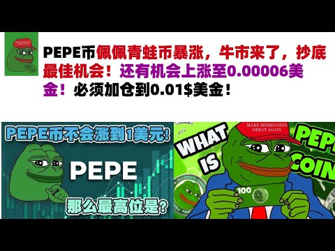 PEPE币佩佩青蛙币暴涨，牛市来了，抄底最佳机会！还有机会上涨至0.00006美金！必须加仓到0.01$美金！#PEPE币#meme币#佩佩币行情分析