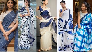 Blue and white saree designs/ white and blue color combination sarees