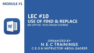 10-How to find and replace Text in MS Word 2019 by N.E.C Trainings | NEC Trainings | Ms Word 2019