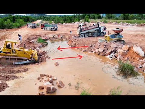 Most Impressive Big Machinery Working Bulldozer Pushing Rock & Stone Vs 24Ton Dump Truck Unloaded