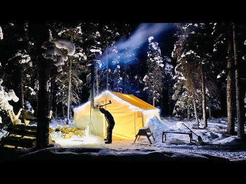 GLOWING HOT TENT WINTER CAMPING || CUT WOOD. MAKE FIRE. COOK FOOD.