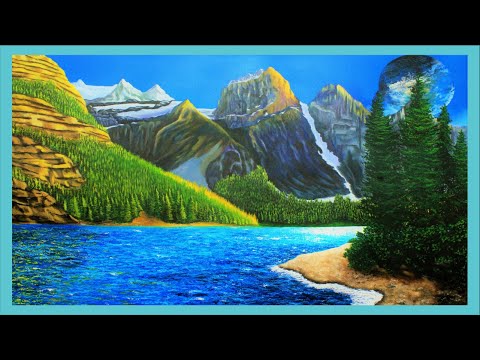 Acrylic Landscape painting process demo, lake and trees- timelapse, relaxing, satisfying, tutorial