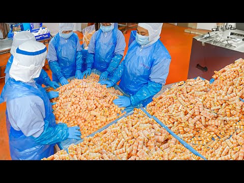 Million Pieces Monthly! Tobiko Fish Cake Mass Production Process / 飛魚卵海鮮卷 - Taiwan Food Factory