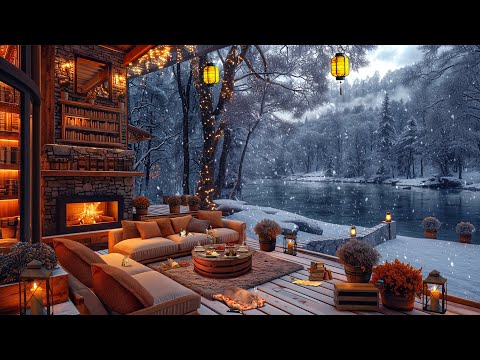 Snowy day at Cozy Winter Coffee Porch Ambience ❄️☕ Smooth Jazz Music & Fireplace Sounds for Relax