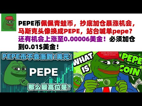 PEPE币佩佩青蛙币，抄底加仓暴涨机会，马斯克头像换成PEPE，站台喊单pepe？还有机会上涨至0.00006美金！必须加仓到0.01$美金！#PEPE币#meme币#佩佩币行情分析