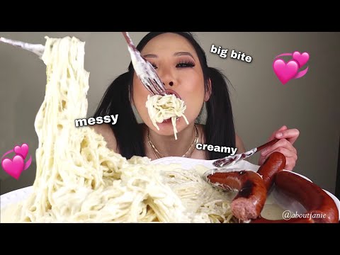 ASMR CREAMY CHEESY ALFREDO + KIELBASA SAUSAGE MUKBANG | Eating Sounds #bigbites #creamyalfredo