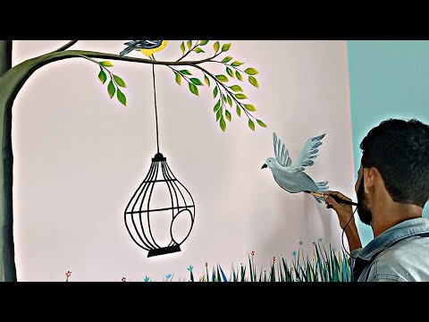 Tree Painting Bedroom wall | Colourful Bird's | l designs (diy) techniques