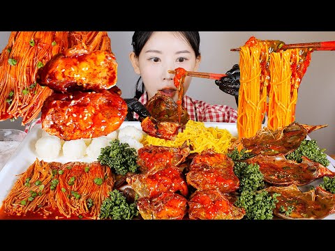 불닭소스로 만든🔥🐔 불닭게장🦀 불닭버섯 소면 먹방 Buldak marinated crab [eating show] mukbang korean food