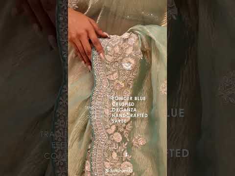 Powder Blue Crushed Organza Handcrafted Saree | SINGHANIAS | Ph: 913 323 3310