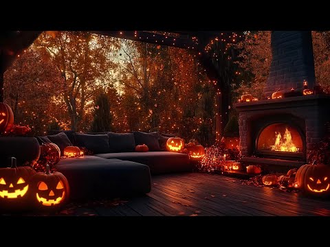 Warm Autumn Cabin Ambience 🎃 Crackling Fireplace & Pumpkin Glow for Calm Evenings