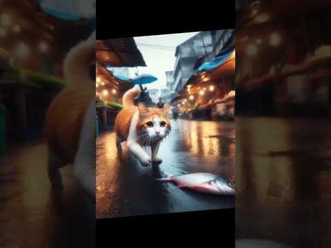 cute cat runing the market street. it has a fish❤(cute cat running part 2) #catlover #cat #ai #cute