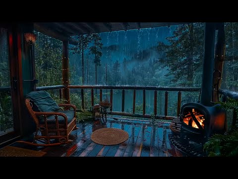 Heavy Rain & Thunder in Hidden Porch Inside the Forest - Rain and Fireplace Sounds for Sleep, Relax