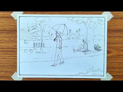 How to draw summer season | Village scenery drawing easy