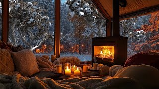 Relaxing Winter Snowfall with Soft Jazz Music on Cozy Cabin Ambience ⛄ Fireplace Sounds for Unwind