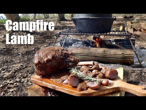 Cast Iron Campfire Cooking.  Braised Leg of Lamb Cooked in a Dutch Oven.