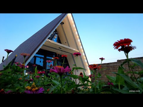 a wooden house with a beautiful garden