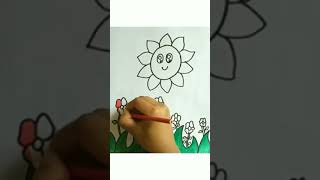 How to draw flowers on grass with sun | Draw pretty | #short #flowers #Drawpretty #drawings