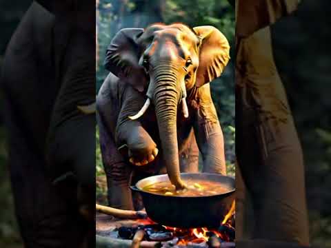 An Elephant cooking in bush with firewood using its hand to stir the soup