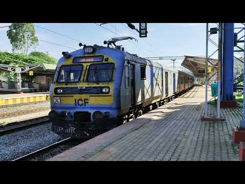 Bangalore Mainline Electric Multiple Unit (MEMU) ICF Sub Urban train entering Bayapanahalli station