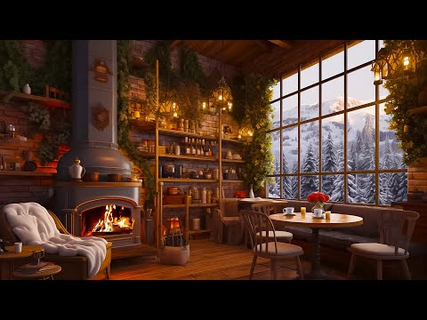 Cozy Coffee Shop Ambience With Crackling Fireplace Sound ☕ Smooth Music For Relax, Study, Work