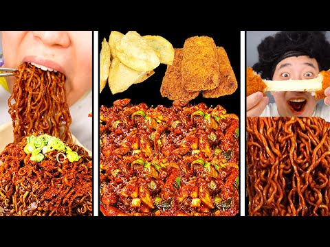 ASMR MUKBANG | Fried Chicken, fried egg, black bean noodles, kimchi Korean Food recipe ! eating