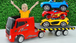 Chris plays with toy cars and trucks - Funny stories for kids