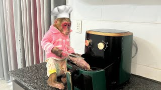 Kobi monkey shows off her cooking skills with sweet potatoes and waits for mom to eat with her