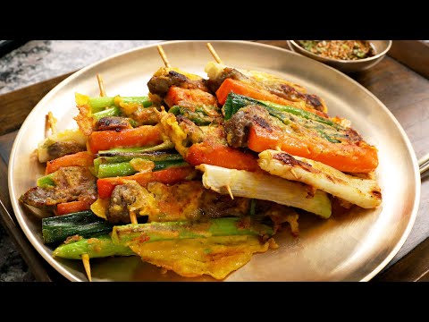 Pasanjeok (Skewered pancakes with vegetables and beef: 파산적)