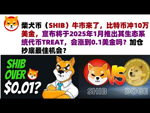 柴犬币（SHIB）牛市来了，比特币冲10万美金，宣布将于2025年1月推出其生态系统代币TREAT，还有机会上涨至0.00006美金！会涨到0.1美金吗？加仓抄底最佳机会？#shib币#屎币行情分析！