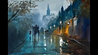 Watercolor painting tutorial-a Rainy Night