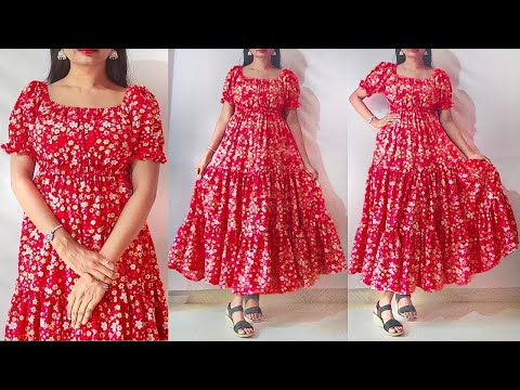 Floral printed maxi dress cutting & stitching in just 10 minutes | 3 layered maxi gown stitching