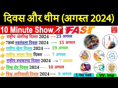 दिवस और थीम अगस्त 2024 | Days and Themes 2024 August | Divas aur Theme 2024 | Current Affairs 2024