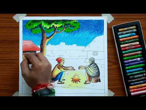 Winter season drawing with oil pastel | Winter season drawing tutorial