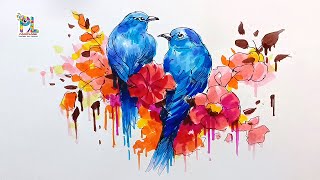 Easy Creative Painting with Blue Birds and flowers || Brush Sketch Pen Art