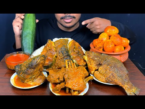 Eating Spicy Fish Curry,Whole Fish Fry,Mutton Chaap,Eggs,Fish Head With Rice || Asmr Mukbong Show