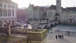 Münsterbrücke Bridge Over Limmat River In Zürich, Switzerland