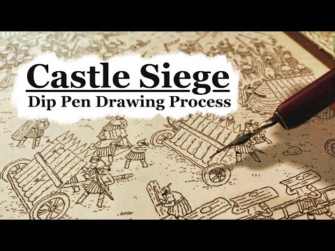 Castle Siege Dip Pen and Watercolor Illustration Process