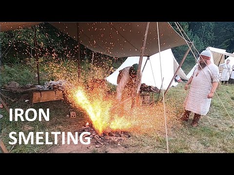 Iron smelting and extraction of the iron bloom, slag-pit furnace.