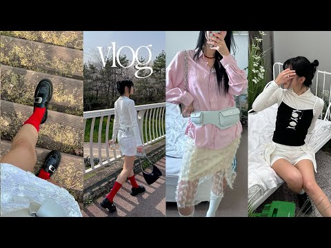 vlog✦ 봄을 알리는 벚꽃구경🌸 데일리룩. 봄코디.위시리스트 언박싱(기마구아스 벨트백). 직장인 일상브이로그. 민더리 팝업. 수영강습시작. 피어싱교체. 검정치마 드럼연습🥁