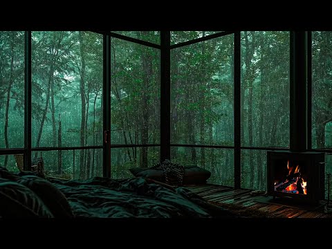 Cozy Rainy Forest Room - Soft Rain On Window and Fireplace Sounds for Deep Sleep, Heal Insomnia