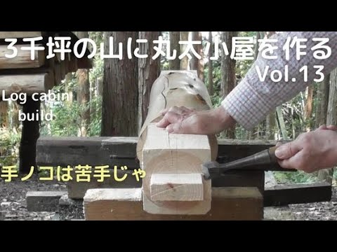 ３千坪の山に夢の丸太小屋を作る vol.13 梁と棟束の加工じゃ